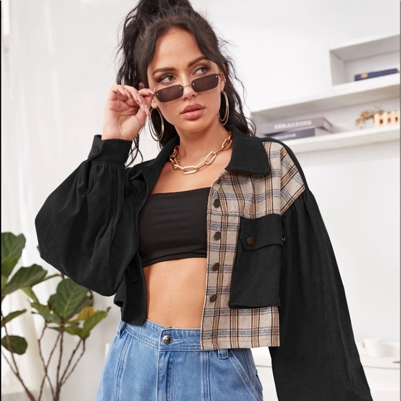 Shein Corduroy Bomber Jacket with Plaid - Picture 2 of 2